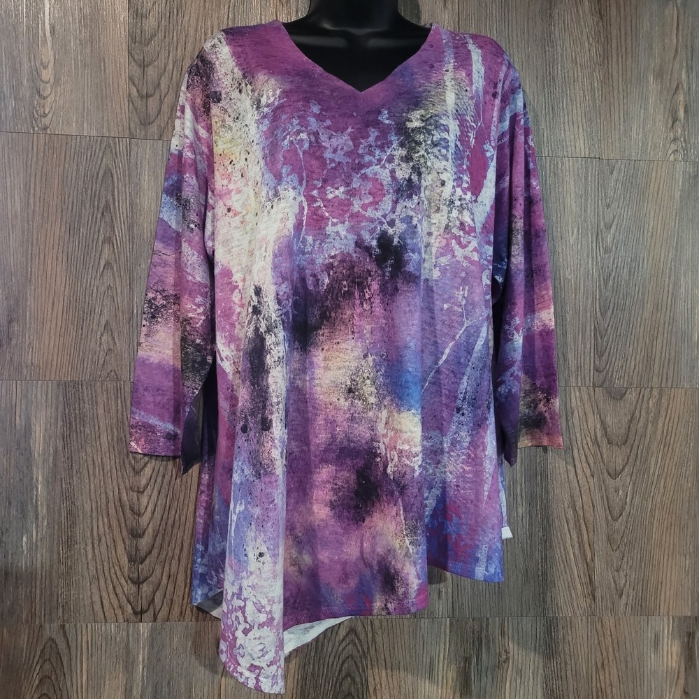 Et Lois Asymmetric Knit Tunic Top XL Purple Abstract 3/4 Slv Artsy Art to Wear